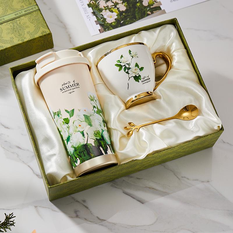 316 Stain Steel Thermos Cups 500ml Coffee Mug with Spoon Set of 3, Floral Ceramic Mug Gift Box for Birthday Wedding Christmas Valentine's Day