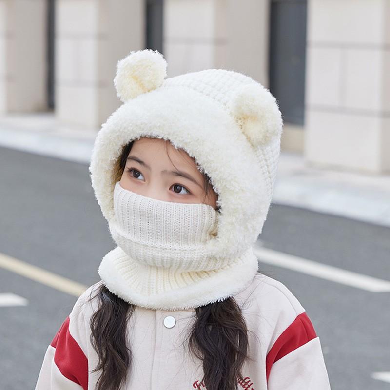 Kids Winter Knit Bear-Ear Hat With Neck Warmer Hooded Beanie Cycling Outdoor Wear
