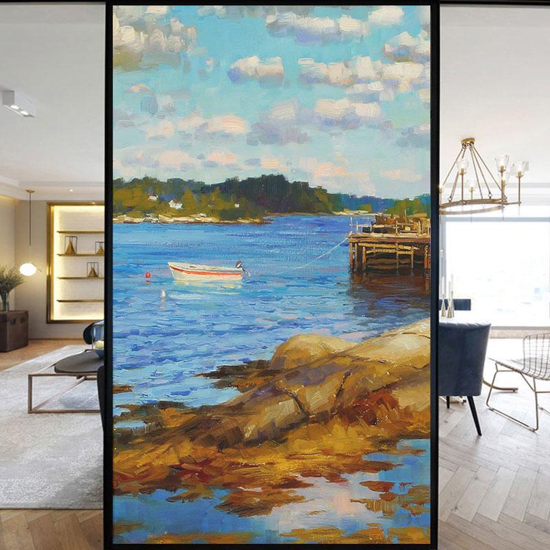 

Европейский стиль Витражная пленка Искусство Деревня Картина маслом Узор Матовые наклейки на окна ПВХ Статическая клейкая пленка для приватности Декор 40x110cm