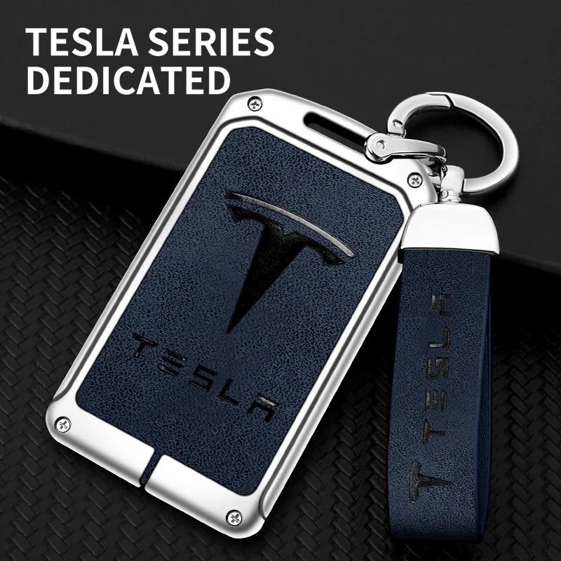 

Zinc Alloy Leather Car Remote Key Cover Protector Case Shell Fob Holder Bag For Tesla Model 3 Model Y 2020 Keychain Accessories