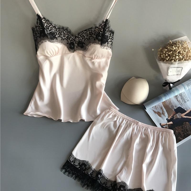 2019 Women's Sexy Summer Ice Silk Suspender Pajamas Set with Shorts - Plus Size Thin Homewear