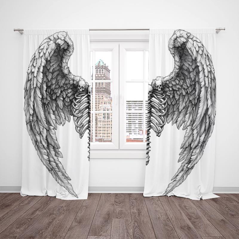 Wings Black and White Sketch -2pcs- Printed Curtain,100% Polyester Material, Suitable for Home Decoration