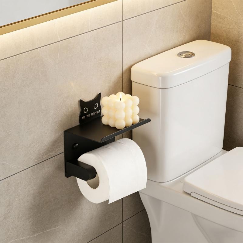 No Hole Required Rustproof Cartoon Animal Paper Roll Dispenser Including Functional Shelf For Bathroom Organization