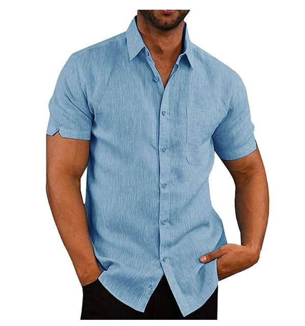 Mens Linen Blouse Short Sleeve Baggy Buttons Summer Solid Comfortable Pure Cotton and Linen Casual Loose Holiday Shirts