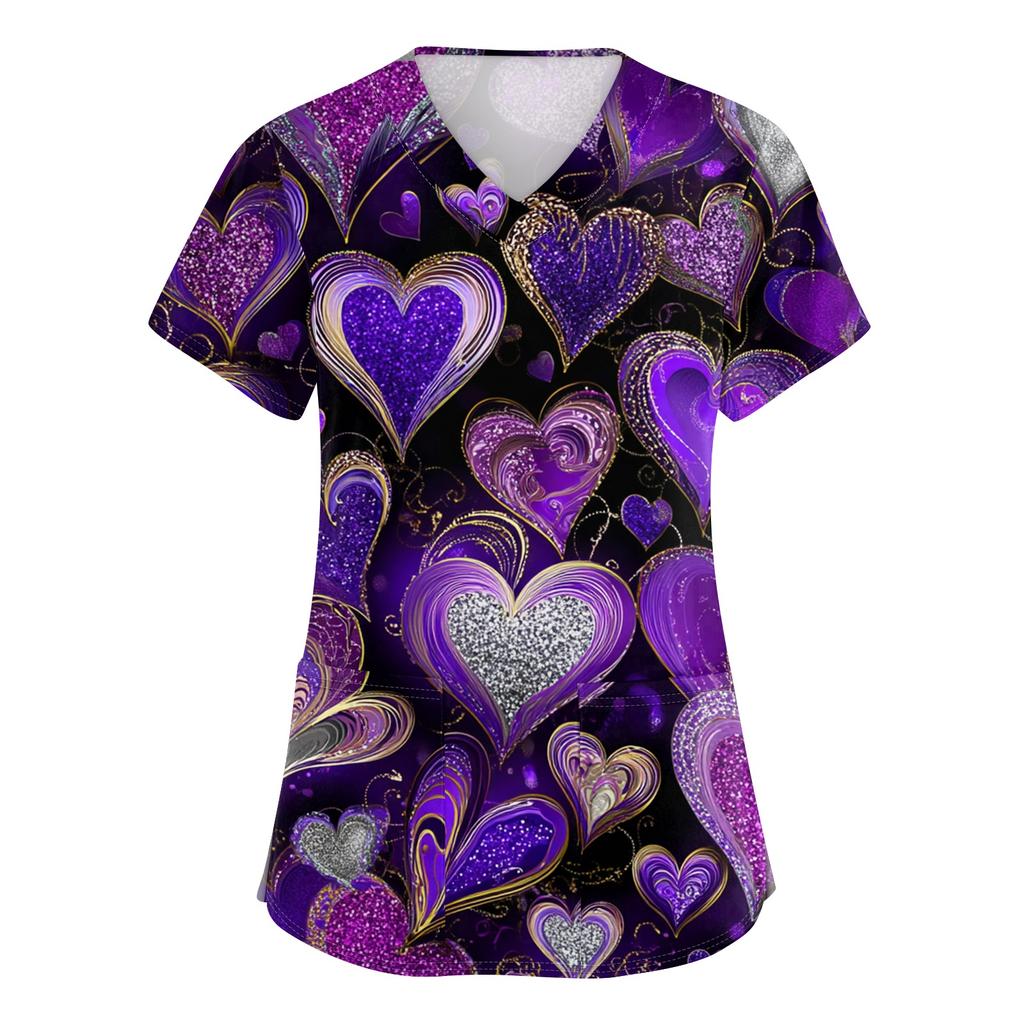 Women's V-neck Valentine's Day Printed Short-sleeved Pocket Side-slit Protective Suit Top