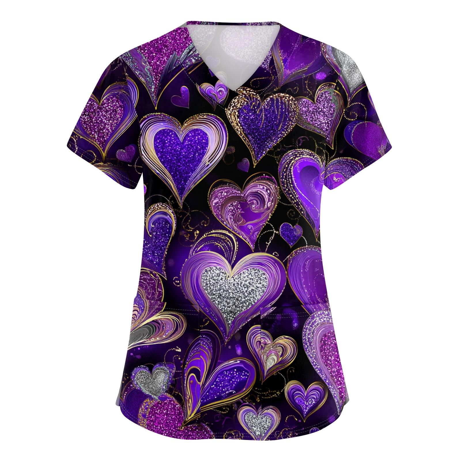 

Women V Neck Short Sleeve Medical Scrub Top Pocket Side Slit Nurse Uniform Shirt Valentine s Day Print Comfortable Fit M фиолетовый