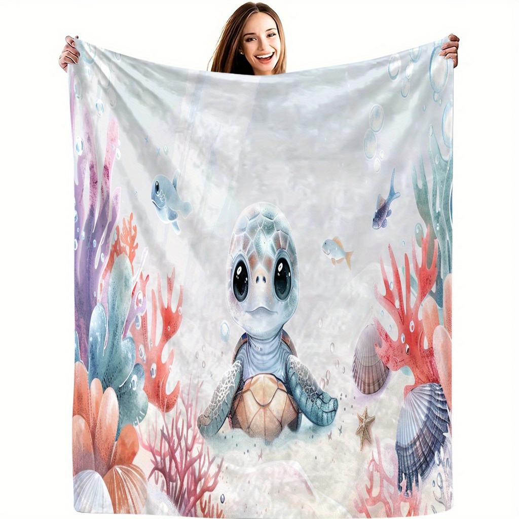 1pc Vintage turtle pattern printed blanket, polyester fabric, machine washable, suitable for bedroom and living room decoration