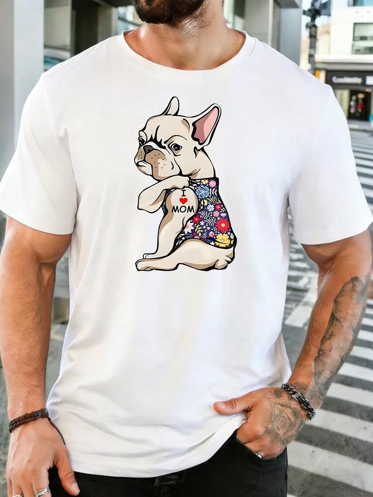 Floral French Bulldog I Love Mom Tattoo Graphic Unisexs Cotton Tee Short Sleeve Crew Neck Animal Print Male Casual Mother Day Gifts