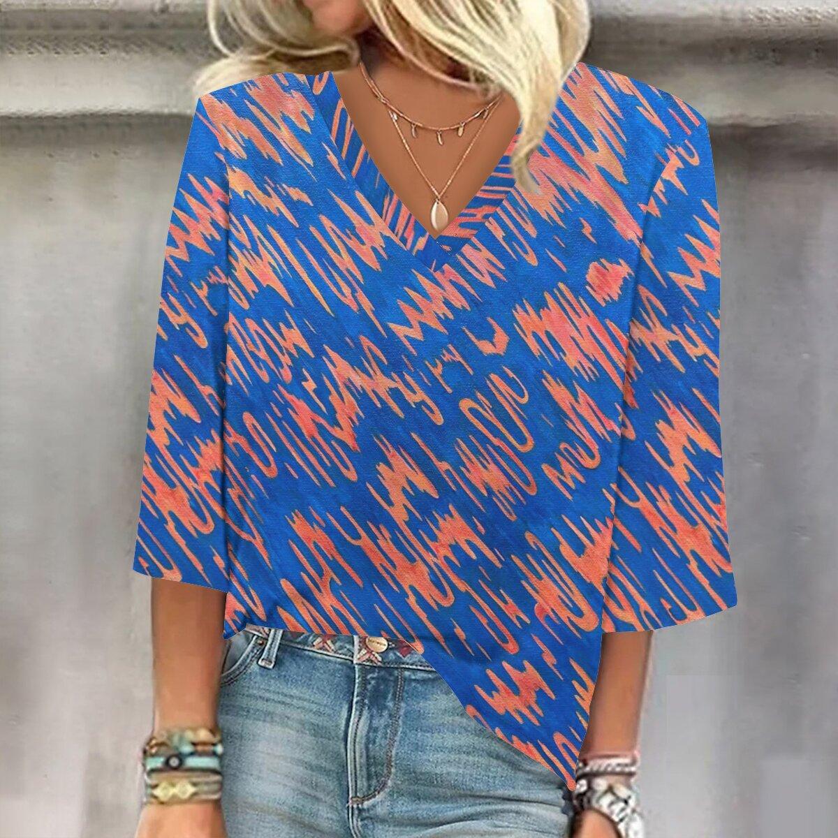 

2023 Sping и осень Новая мода Женский повседневный топ с V-образным вырезом с рукавом 3/4 с принтом