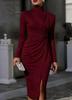 High Neck Pleated Long Sleeve Slim Fit Hip Wrap Dress Split Ends and Thin Temperament Women's Dress