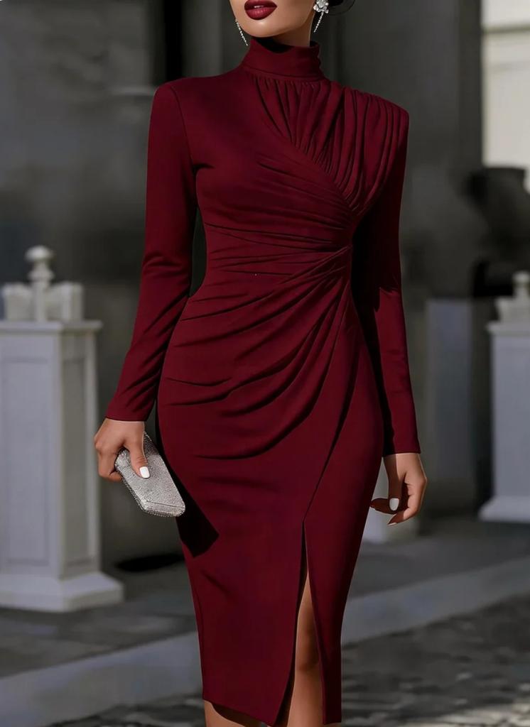 High Neck Pleated Long Sleeve Slim Fit Hip Wrap Dress Split Ends and Thin Temperament Women's Dress