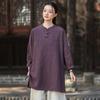 Johnature Women Vintage Shirts Tops Spring Chinese Style Solid Color Stand Long Sleeve Blouses