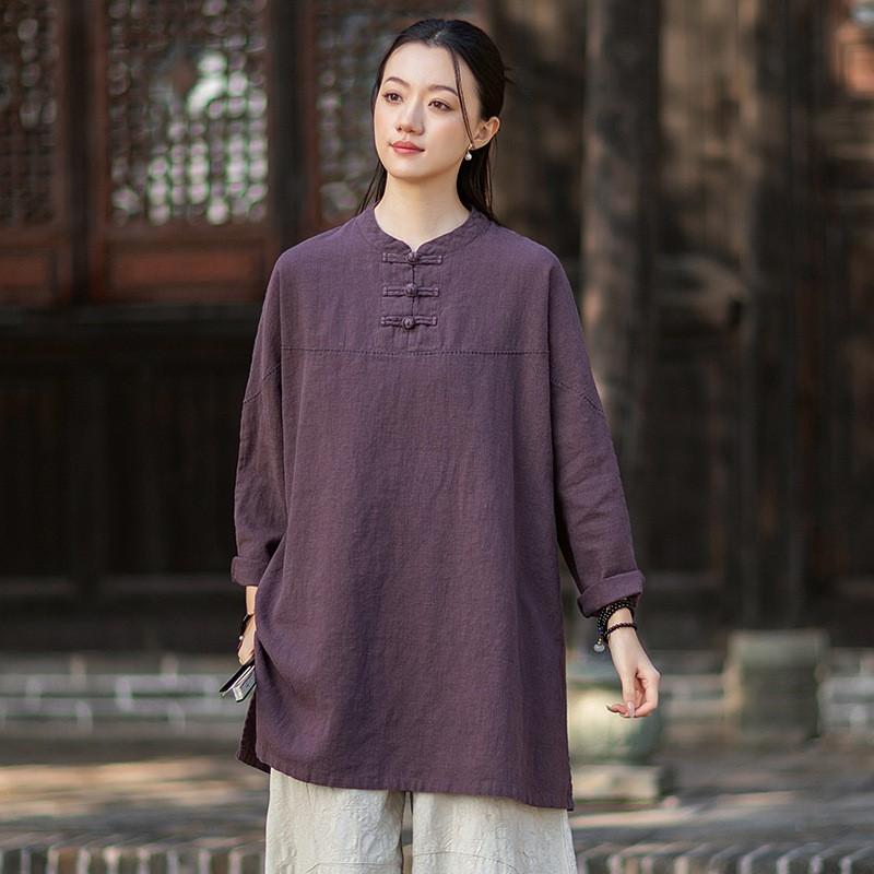Johnature Women Vintage Shirts Tops Spring Chinese Style Solid Color Stand Long Sleeve Blouses