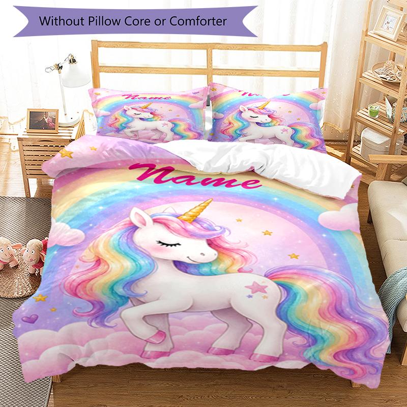 3pcs Custom Name Unicorn Bedding Set Duvet Cover Closure Includes 1 Duvet Cover & 2 Pillowcases, Soft and Comfortable for All Seasons.