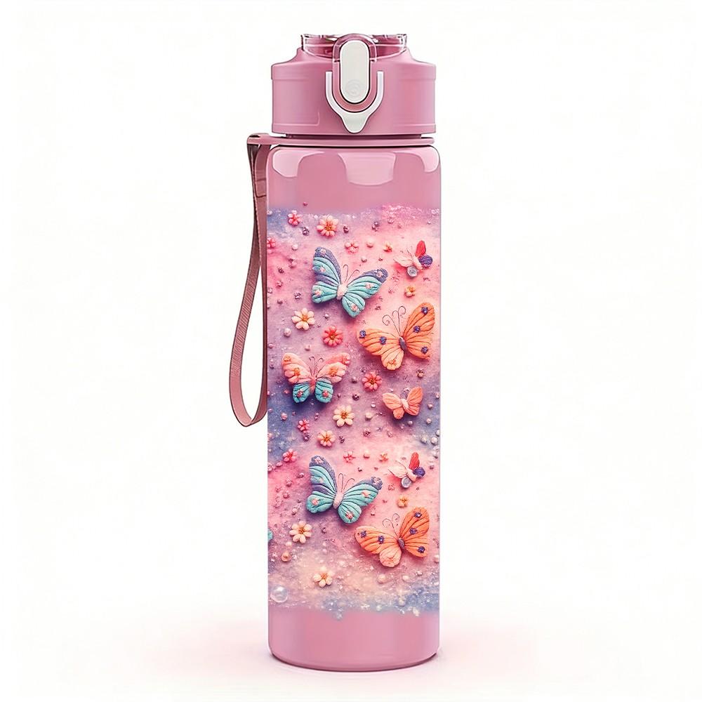 1PC Pastel Pink Blue Marble Swirl Print 750ml Color Plastic Sports Water Bottle Leakproof Flip Straw Lid Suitable for Sports Office Home Use