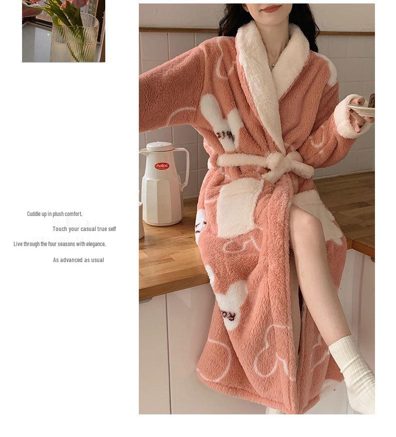 Autumn/Winter Women's Coral Fleece Bathrobe: V-neck, Belted, Long Sleeves, Mid-length, Sweet Style, Warm Homewear.