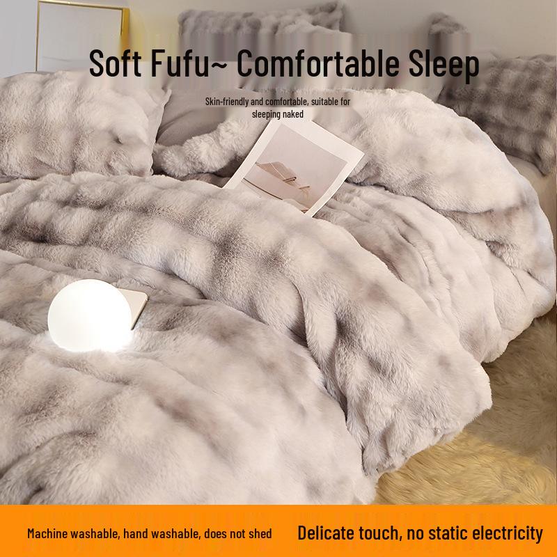 Winter Plush Bunny Fur Bedding Set: Double-Sided Milk Velvet and Coral Fleece Duvet Cover with Skirt