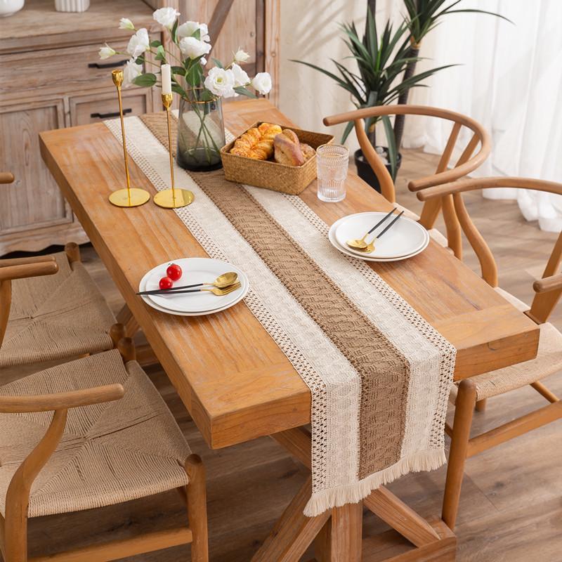 American Cotton Linen Table Runner, Natural Color with Tassels, Stripes, Diamonds, and Plaid Pattern for Dining Table or Sideboard Decoration.