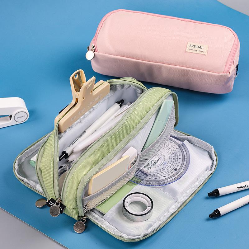 Macaron Color Double Zipper Large Capacity Pencil Bag - Dirt-Resistant Square Stationery Case for Students