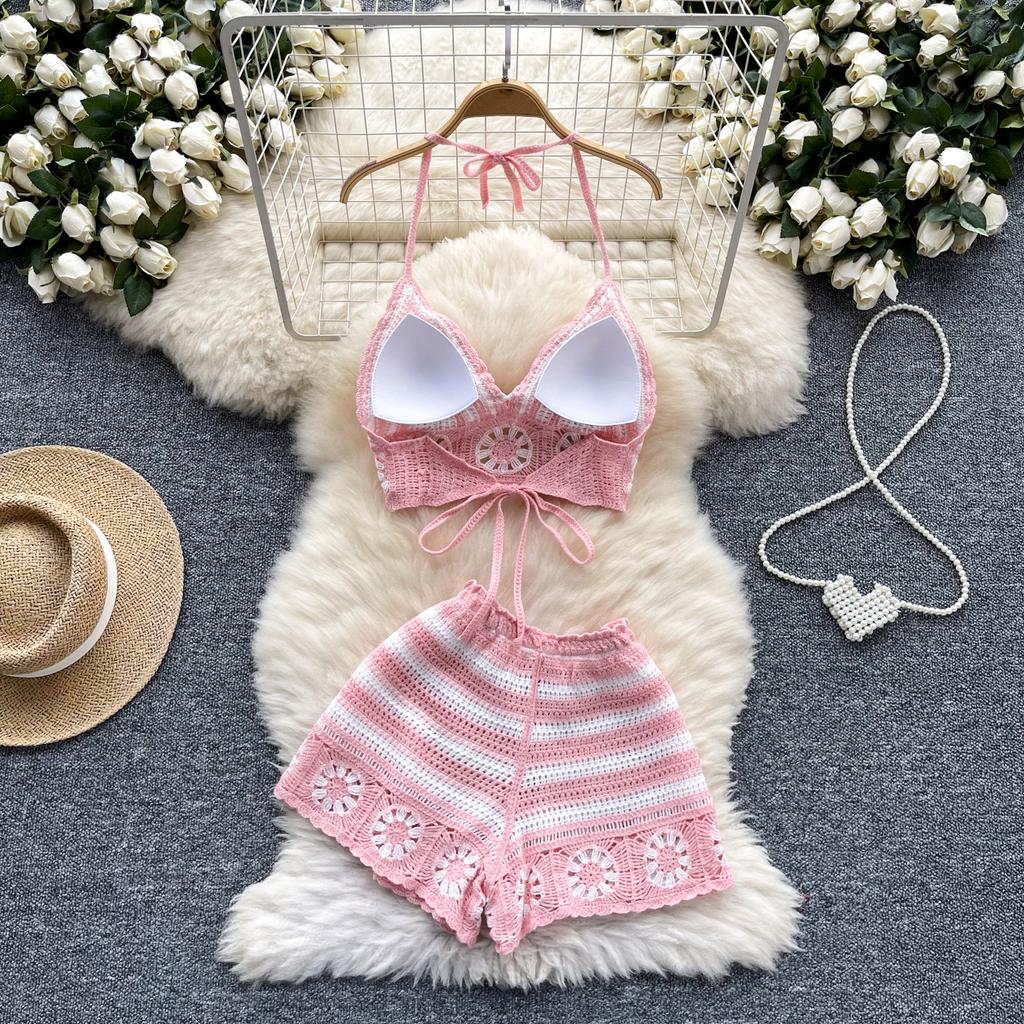 Summer Beach Vacation Knit 2pcs Suits Women Halter Sleeveless Lace Up Camis Elastic Waist Shorts Hook Flower Hollow 2pcs Set