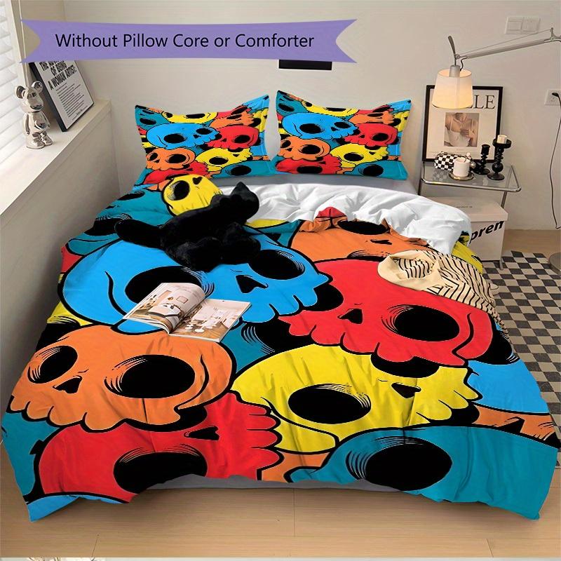 3pcs Colorful Skulls Bedding Set, Ideal for Home Use, Suitable for Bedroom Decor (1*Duvet Cover + 1/2*Pillowcases, No Core) Yy250821198