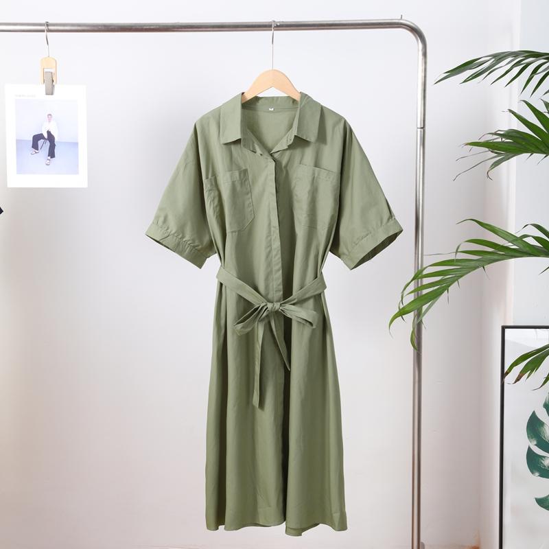 Casual Women's Lace Up Dress Single-Breasted Turn-Down Collar Short Sleeve Lady Dresses Loose Female Robe
