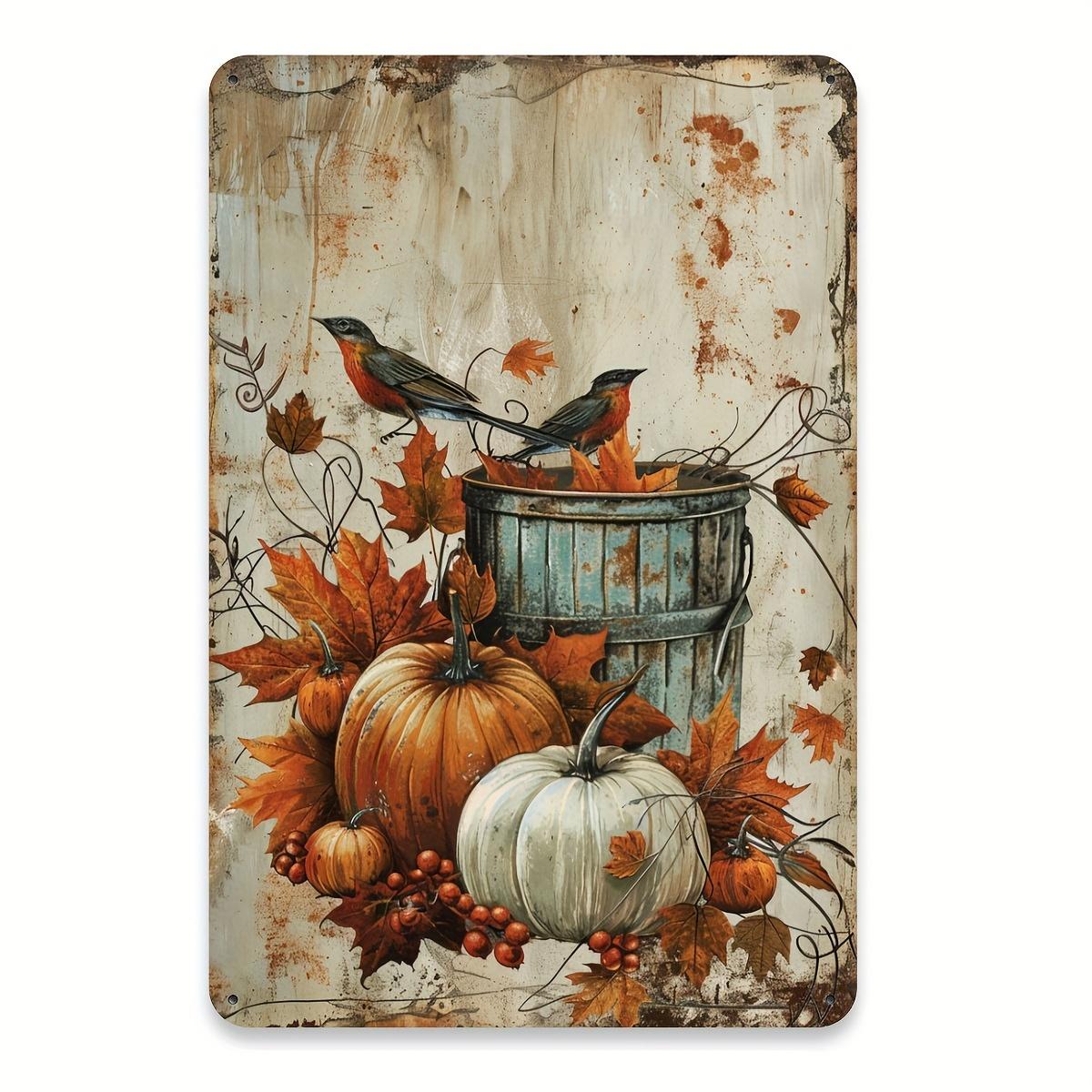 

1pc Autumn Harvest Iron Metal Tin Sign, Vintage Pumpkin and Birds Wall Art, Rustic Farmhouse Decor for Home, Cafe, and Garden, I 20X30CM