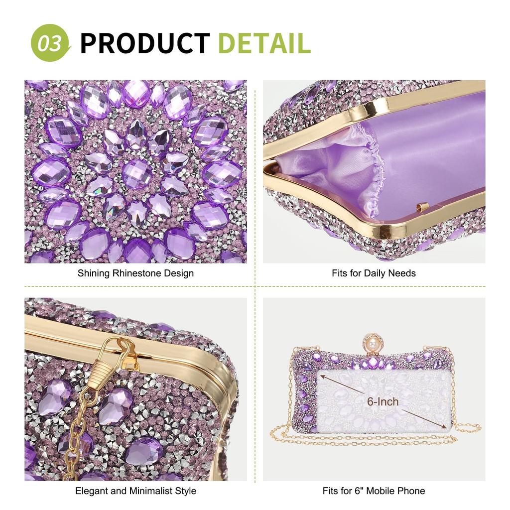 Uxcell Bolso de Noche para Mujer, Bolso de Mano Brillante con Pedrería de Cristal y Correa de Cadena, Morado Claro, para Bodas, Noches y Fines de Semana
