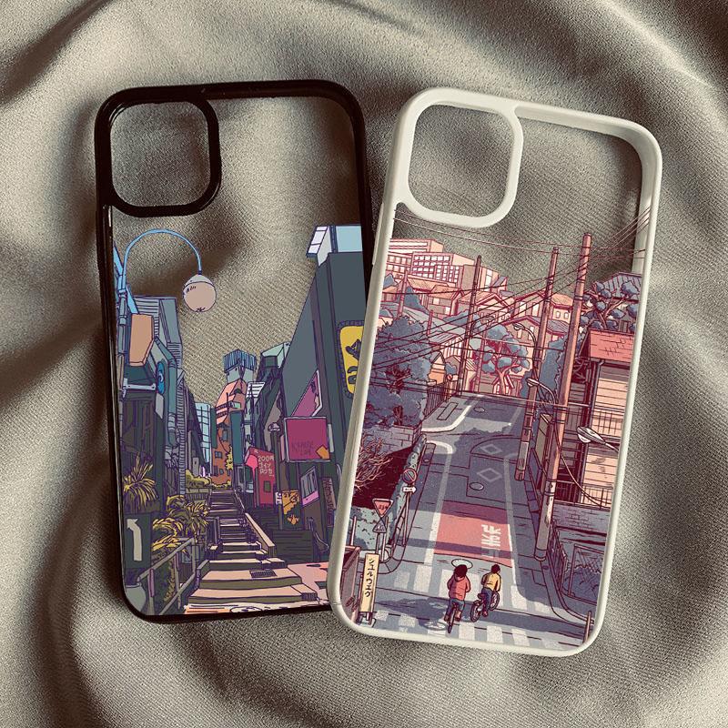 Japan Anime Landscape Street View Scenery Phone Case For iPhone 14 15 Pro Max 13 12 11 XR XS SE20 7 8Plus Clear Hard Cover Shell