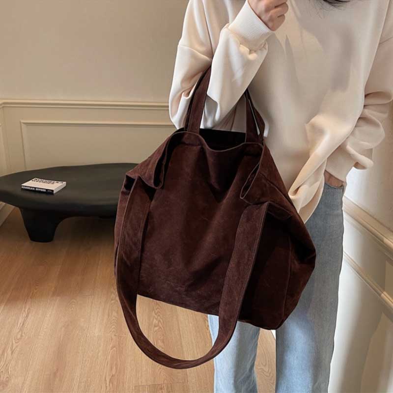 Large Capacity Velvet Tote Bag Zipper Solid Color Popular Fashion Handbag Soft Simple Commuting Shoulder Bag