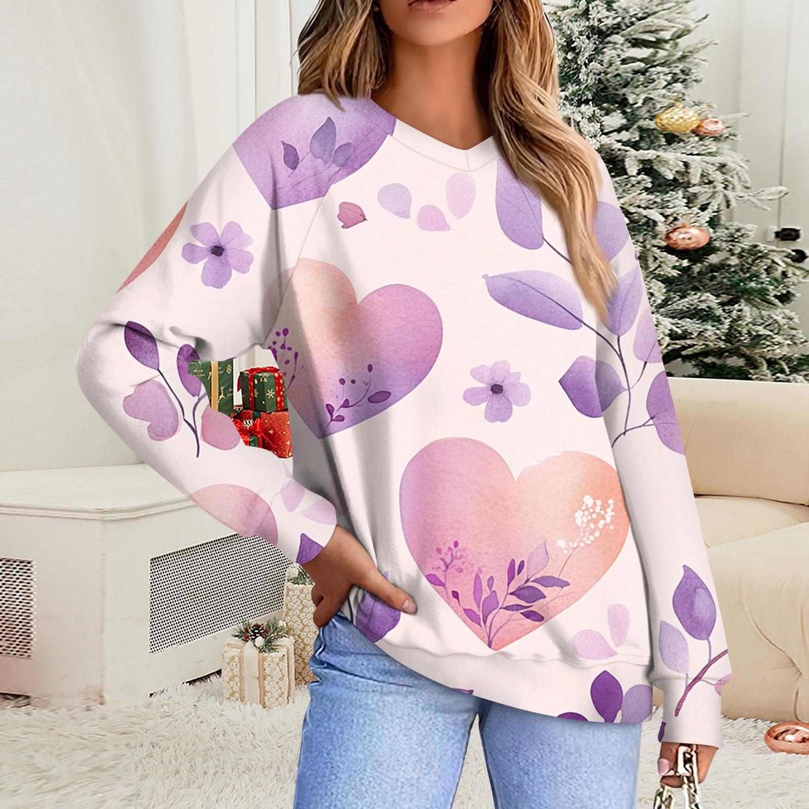 

Женская повседневная мода комфорт с манжетой V-образным вырезом с принтом ко Дню святого Валентина пуловер с капюшоном XL