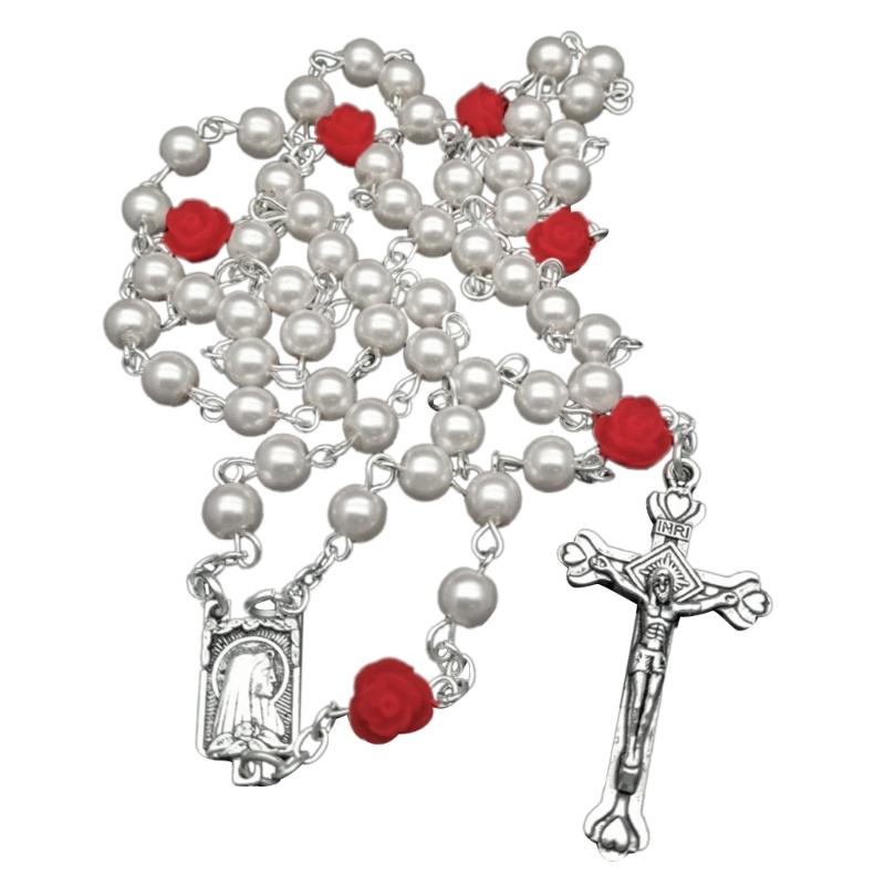 Elegant Cross Bead Necklace Rose Flower Glass Rosary Necklace Religious Jewelry Christian Prayer Beads Clavicle Chain
