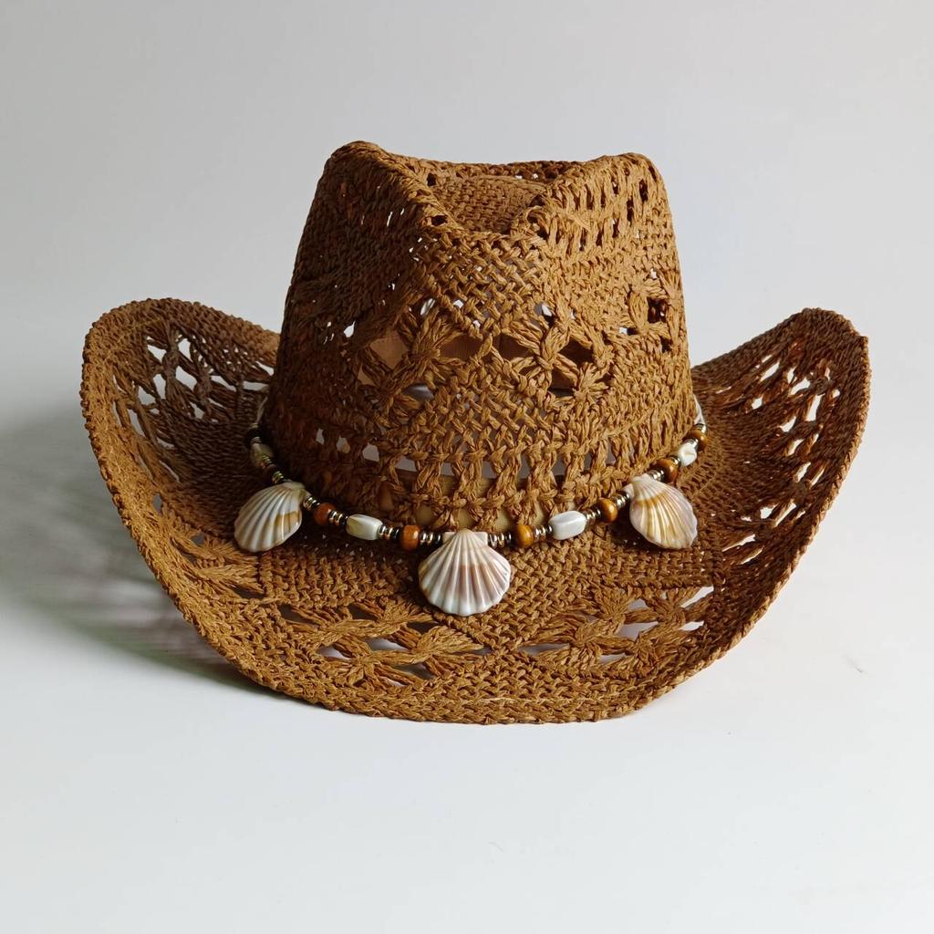 Westliche Cowboyhüte Strand Böhmischer Strohhut Holzperlen Hohlraum Sonnenschutzhut Muschel Damen Herren cowboyhut