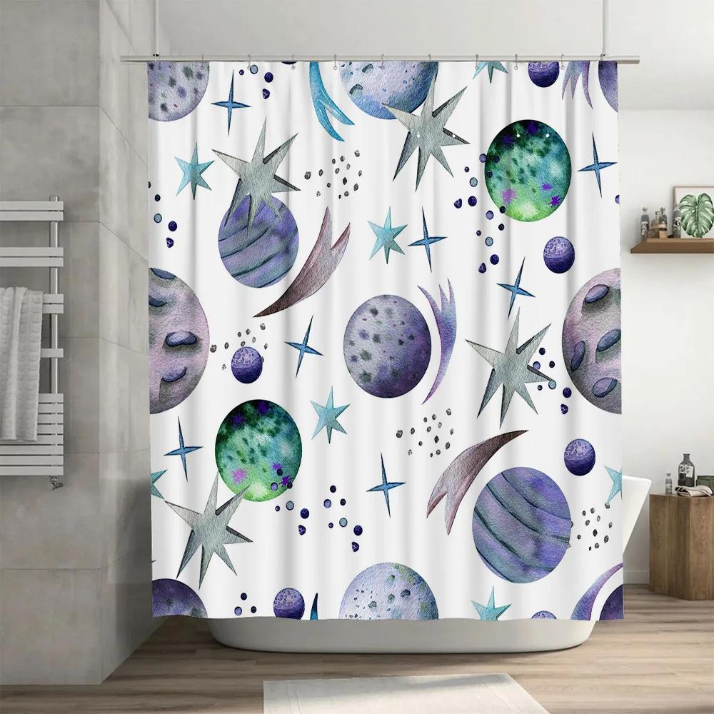 Starry Night Space Shower Curtain Fabric for Bathroom Decor Waterproof Home Decoration Blue Green Purple Stars Planets Moon Hand
