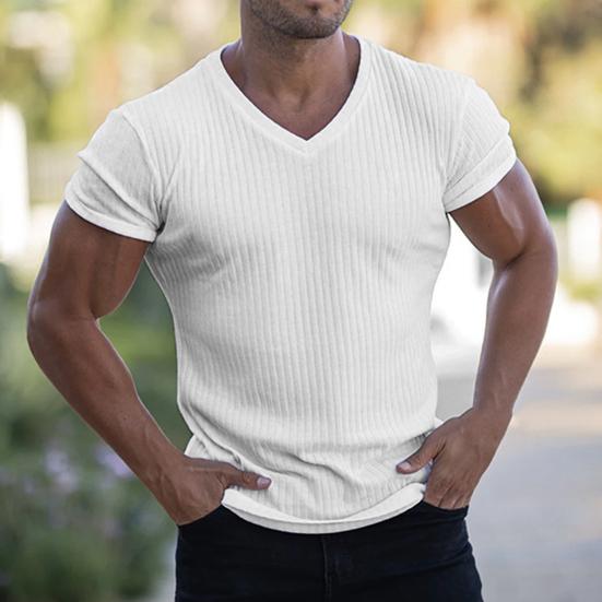 Men T-shirt V Neck Slim Fit Solid Color Breathable Summer Top Daily Garment