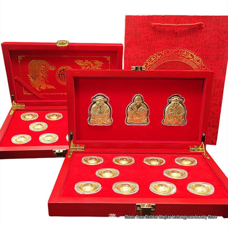 Gold Foil Fukurokuju Ornament Set: Three-Way God of Wealth with Dragon, Phoenix & Gold Ingots for Auspicious Home Decoration