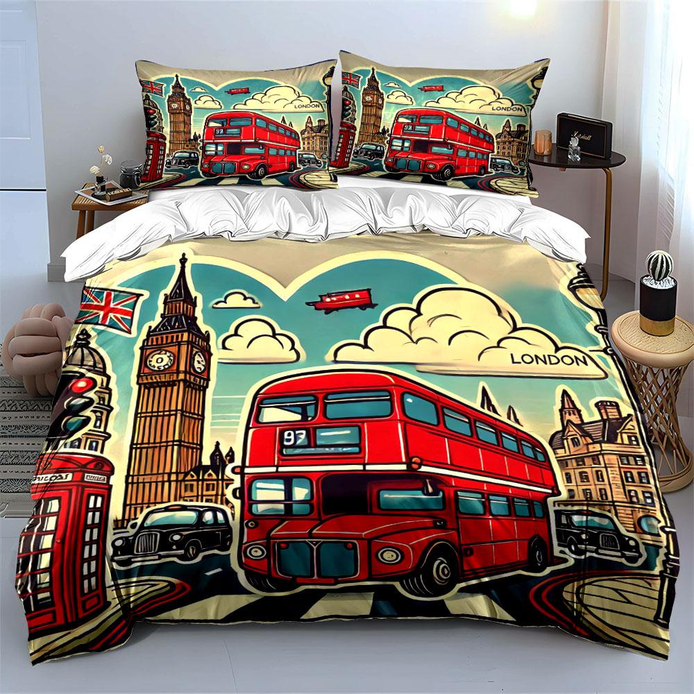 London Travel Icon Set Bedding Set with 1 Duvet Cover 2 Pillowcases Single Double King Queen, Gift