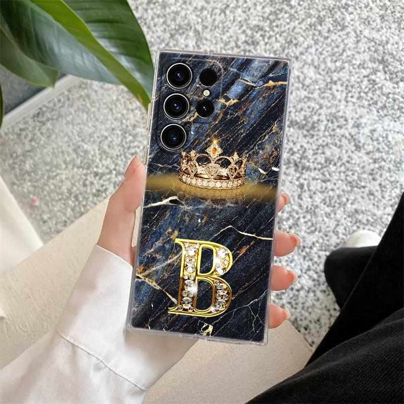 Initial Letter E M I J L Phone Case For Samsung Galaxy S24 S23 Ultra S22 S20 Plus S21 FE Clear Cover Fashion Marble Crown Fundas