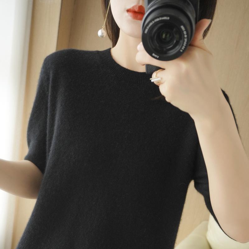 Women's Wool Blend Half High Neck Short Sleeve Loose Base Sweater Top
