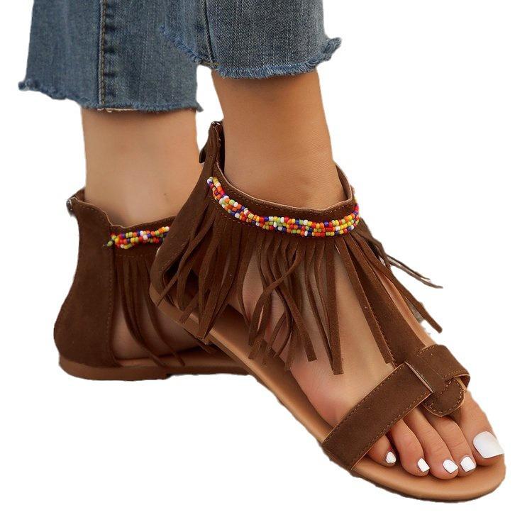 Large Size Retro Famous Style Fashion Flat Sandals Summer New Tassel One Word with Women's Shoes