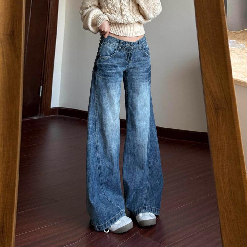 

Plus Size American Retro Low Waist Straight Leg Wide Jeans for Women Small синий