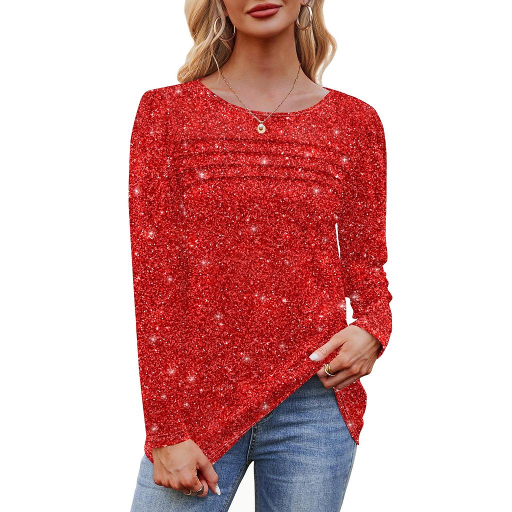 Women's Loose Casual  Print Round Neck Pleated Long Sleeved Top Fashionable Top Top