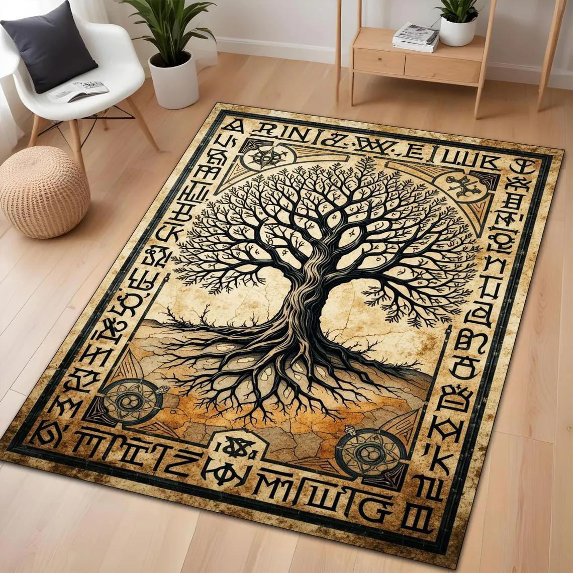 

Tree of Life Norse Runes Area Rug – Viking Themed Carpet – Soft Non-Slip Floor Mat for Living Room, Bedroom & Pagan Decor 50cm x 80cm