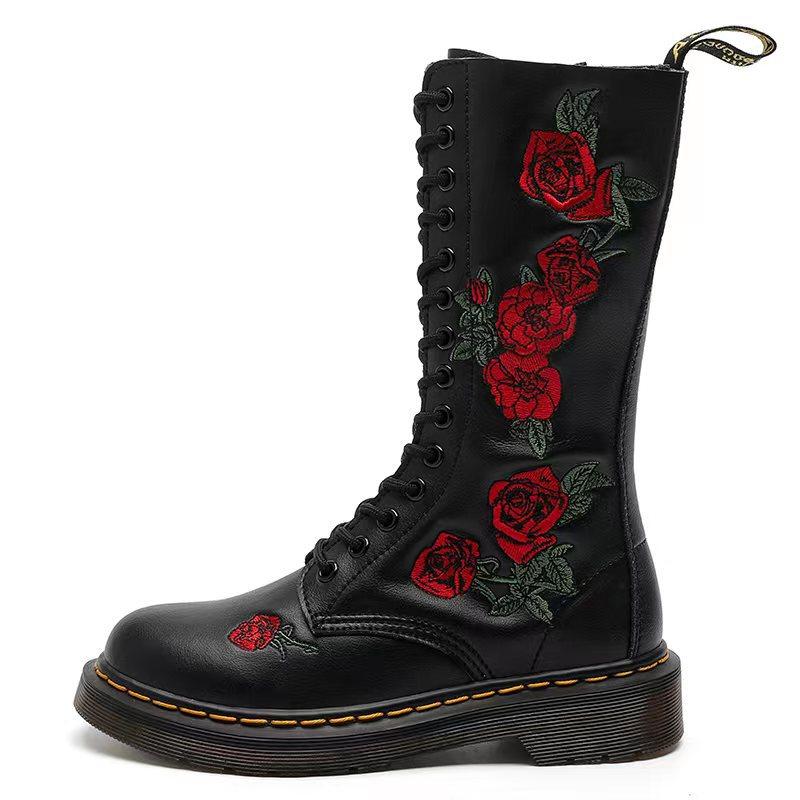 Hole embroidered Martin boots women s top soft cowhide British leather locomotive boots round head high top women 36 чёрный