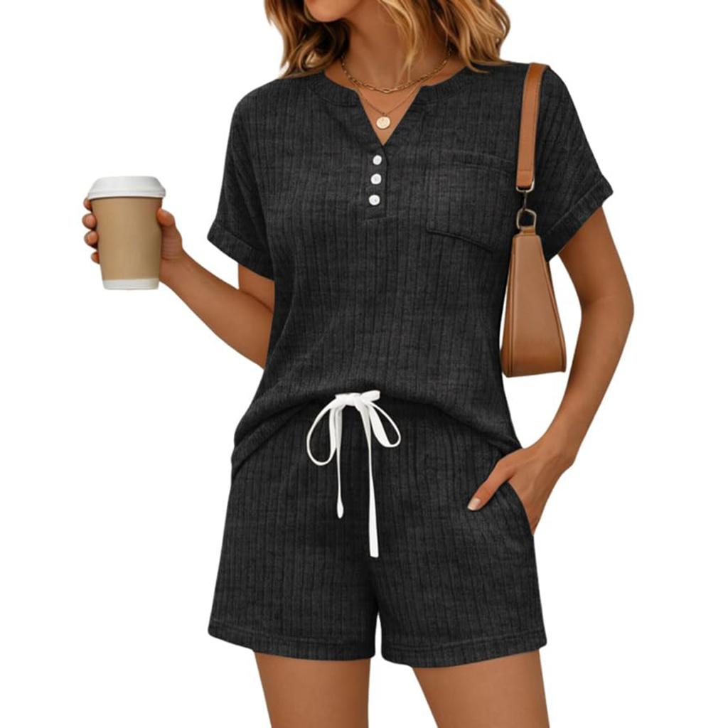 Women's Summer Fashion Casual -Color V-Neck Button-Down Short-Sleeve Top And Drawstring Pocket Shorts Two-Piece Set