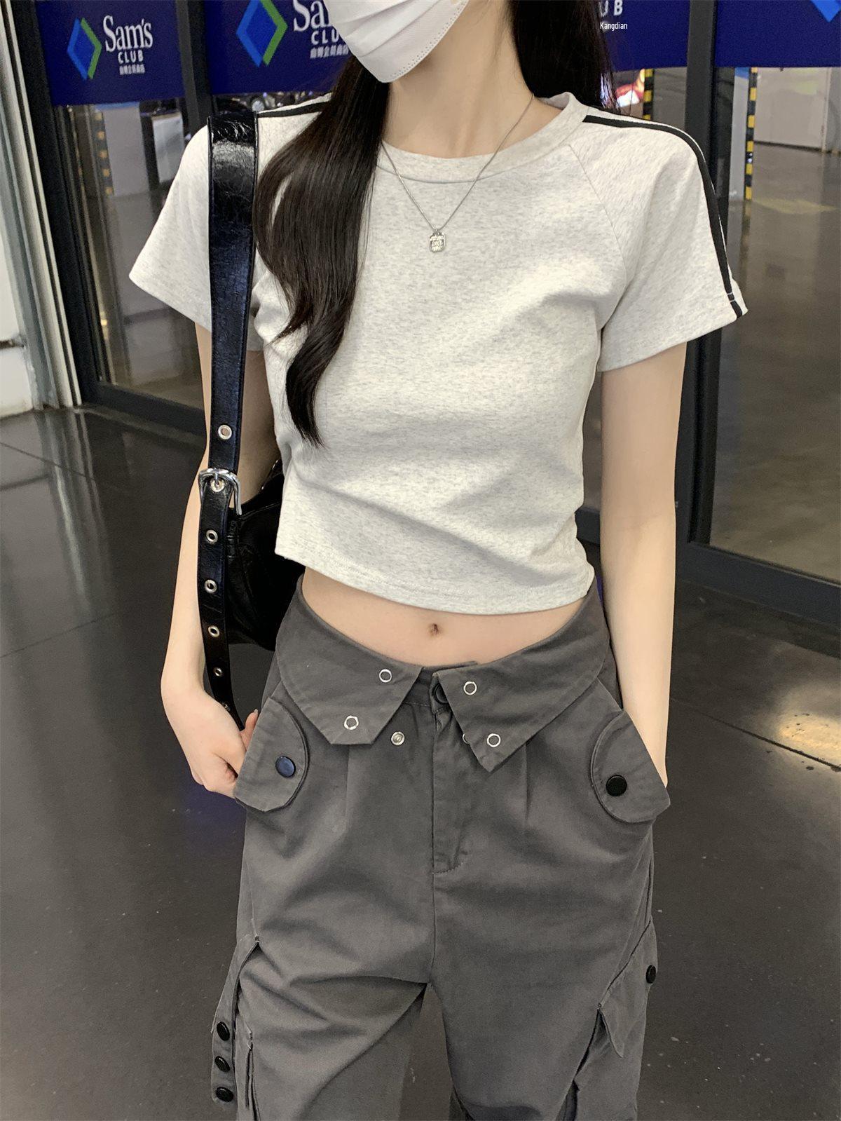 

Women s Summer Slim Striped Raglan Short-Sleeve Crop Top L сірий колір