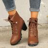 Short Boots Autumn and Winter New European and American Large Size Short Boots High Heel Round Head Lace-up Thick Heel Martin Boots
