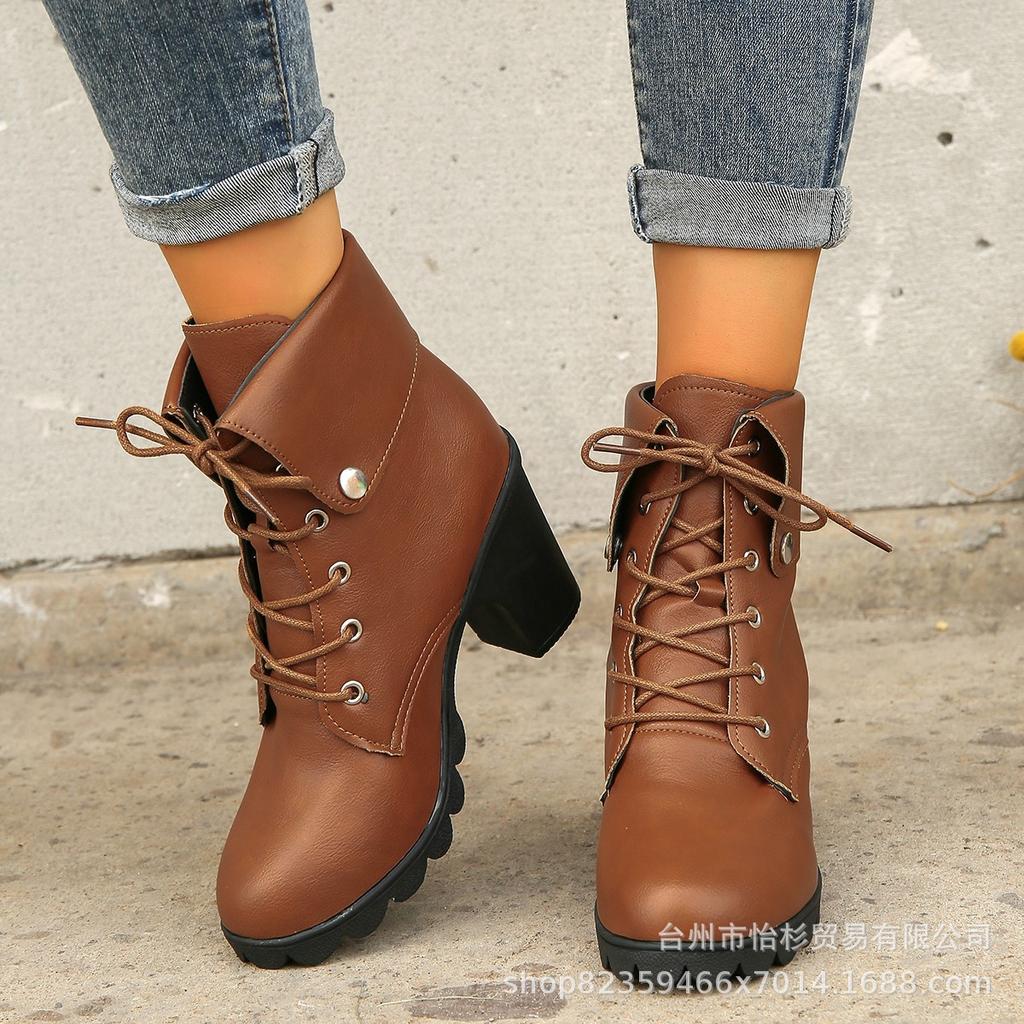 Short Boots Autumn and Winter New European and American Large Size Short Boots High Heel Round Head Lace-up Thick Heel Martin Boots