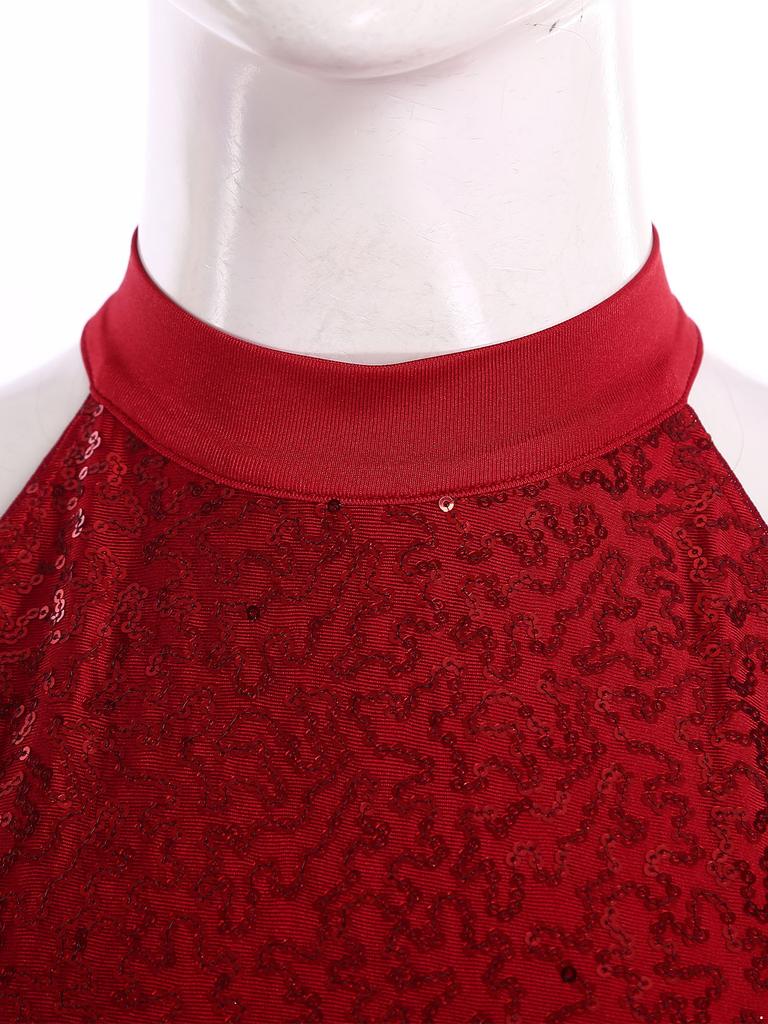 Damen rückenfreies Bodysuit-Kleid Pailletten-Oberteil Netzrock integrierter kurzer Unterteil Tanzkleidung