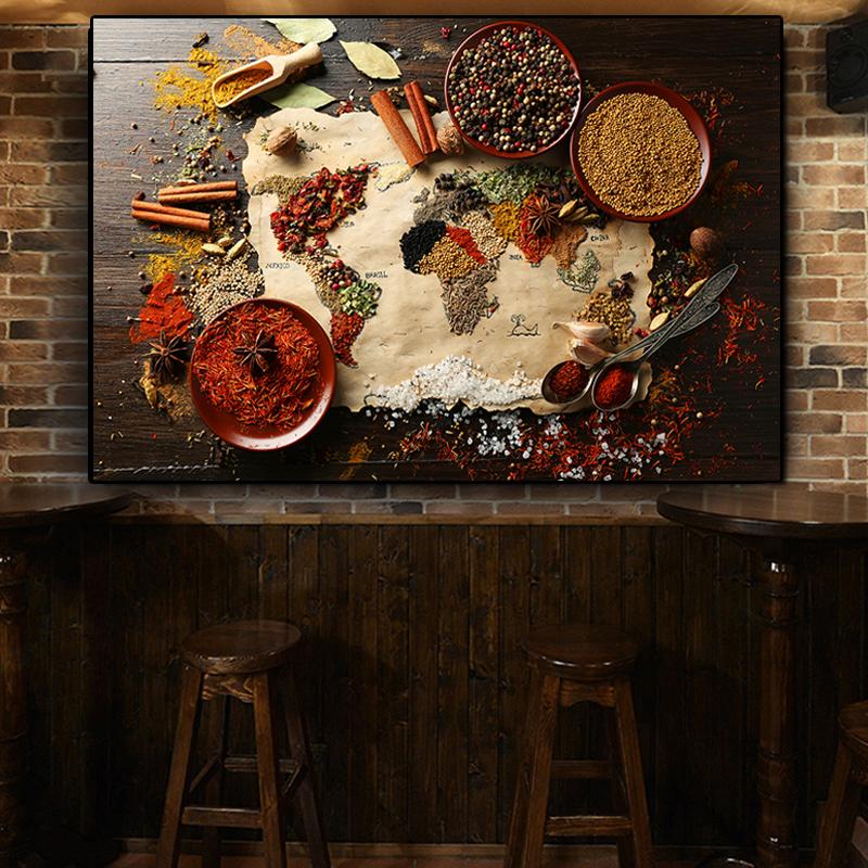 Tableau Toile Déco Cuisine - Motif Poivrons, Grains, épices, Cuillère - Sans Cadre, 50x70 Cm - Décoration Murale Moderne